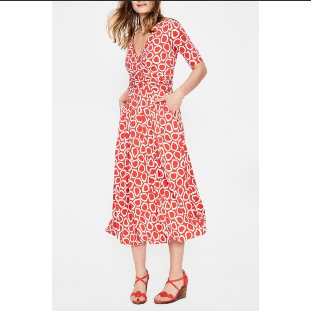 🍒 Boden Kassidy red/orange jersey print midi dress faux-wrap